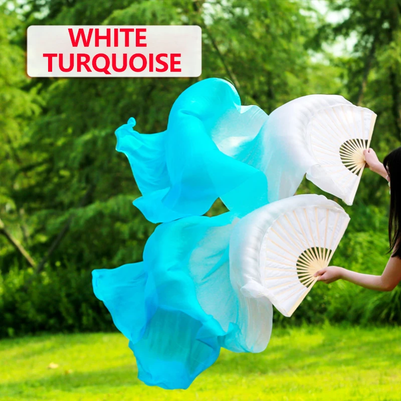 女性用ベリーダンスファンベール1組、グラデーションカラー、ダンサー、ステージパフォーマンス、本物のシルク、長い竹製ファン