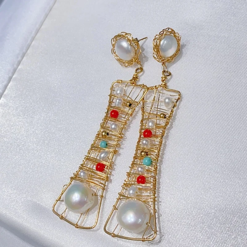 

SGARIT 14k Filled Gold Waist Cuff Earrings Natural Freshwater Pearls Coral Turquoise For Women Bohemian Dangle Earrings