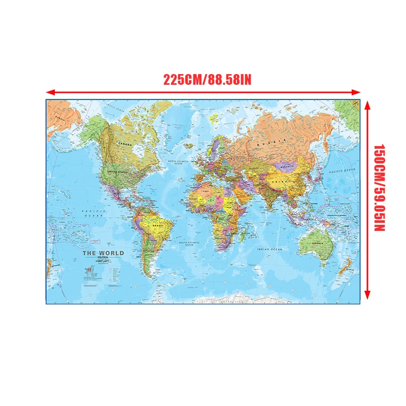 Póster Artístico de pared en inglés con mapa del mundo, pintura en lienzo no tejido, cuadro decorativo para sala de estar, suministros escolares, 225x150cm