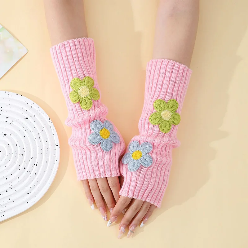 Y2k Accessories Sweet Pink Flower Half Finger Arm Warmers Preppy Style Winter Knit Fingerless Gloves 1 Pair Sleeves for Women