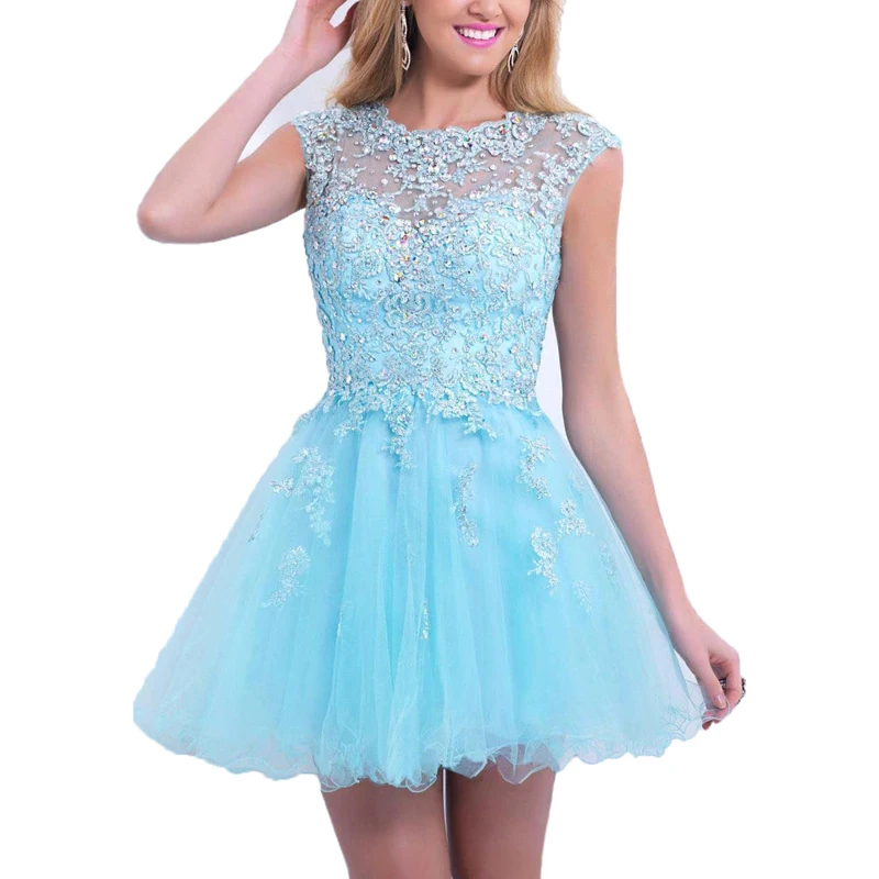 Lace curto apliques lantejoulas vestidos de noite, mini O-Back Homecoming vestidos, tule juniores, baile