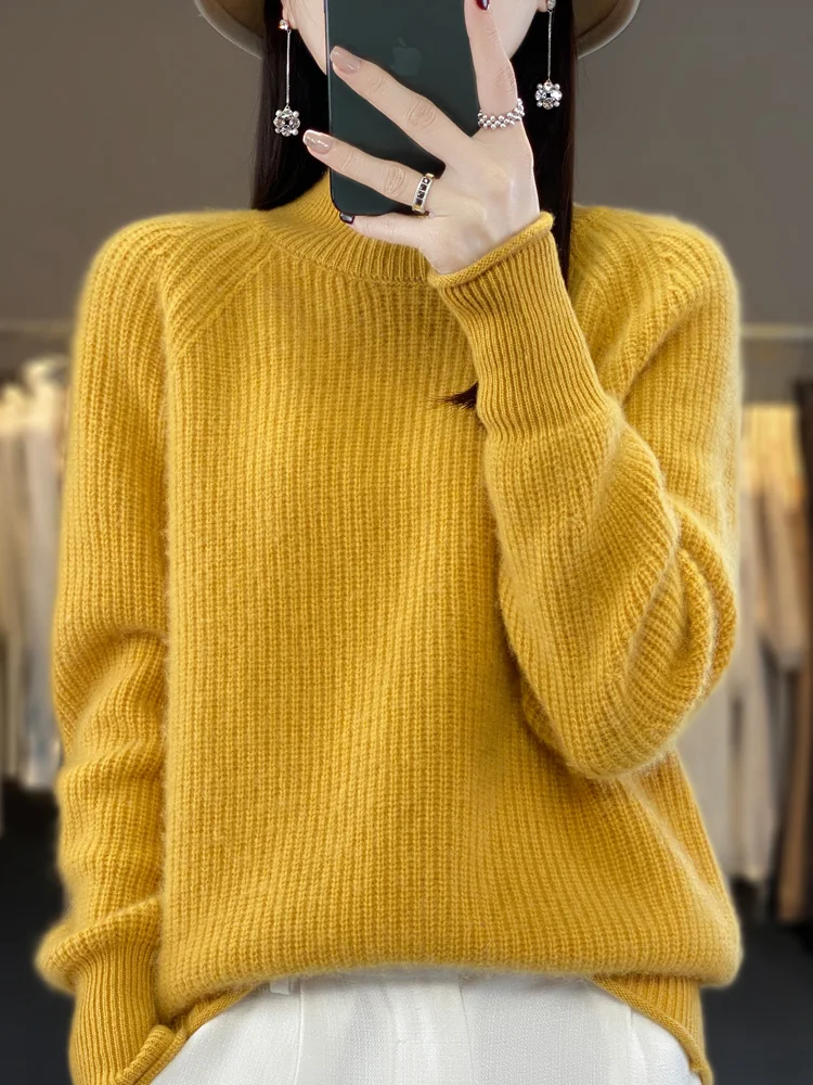 

New Autumn Winter Women Sweater Thick Mock Neck 100% Merino Wool Pullover Solid Casual Cashmere Knitwear Korean Fashion Top