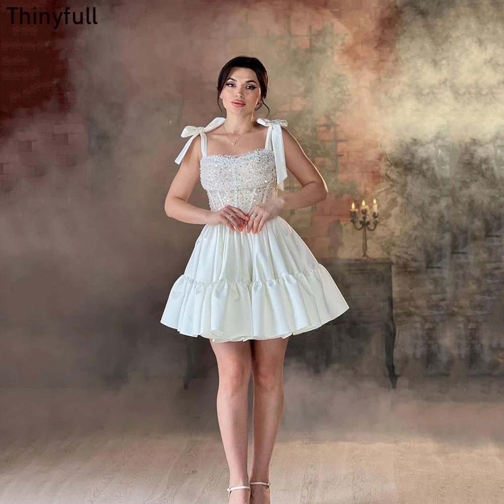 

Thinyfull Mini White Prom Dress Evening Party Dresses Sequines Sleeveless Spaghetti Strap Prom Dress Short Formal Occasion Gown
