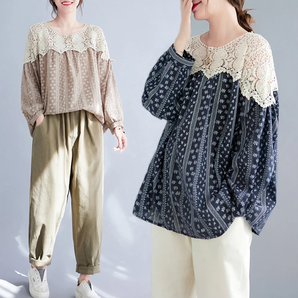 NYFS 2023 Autumn New Korea Woman Tops Loose Fat MM Cotton Linen Lace Patchwork Long Sleeve T Shirt