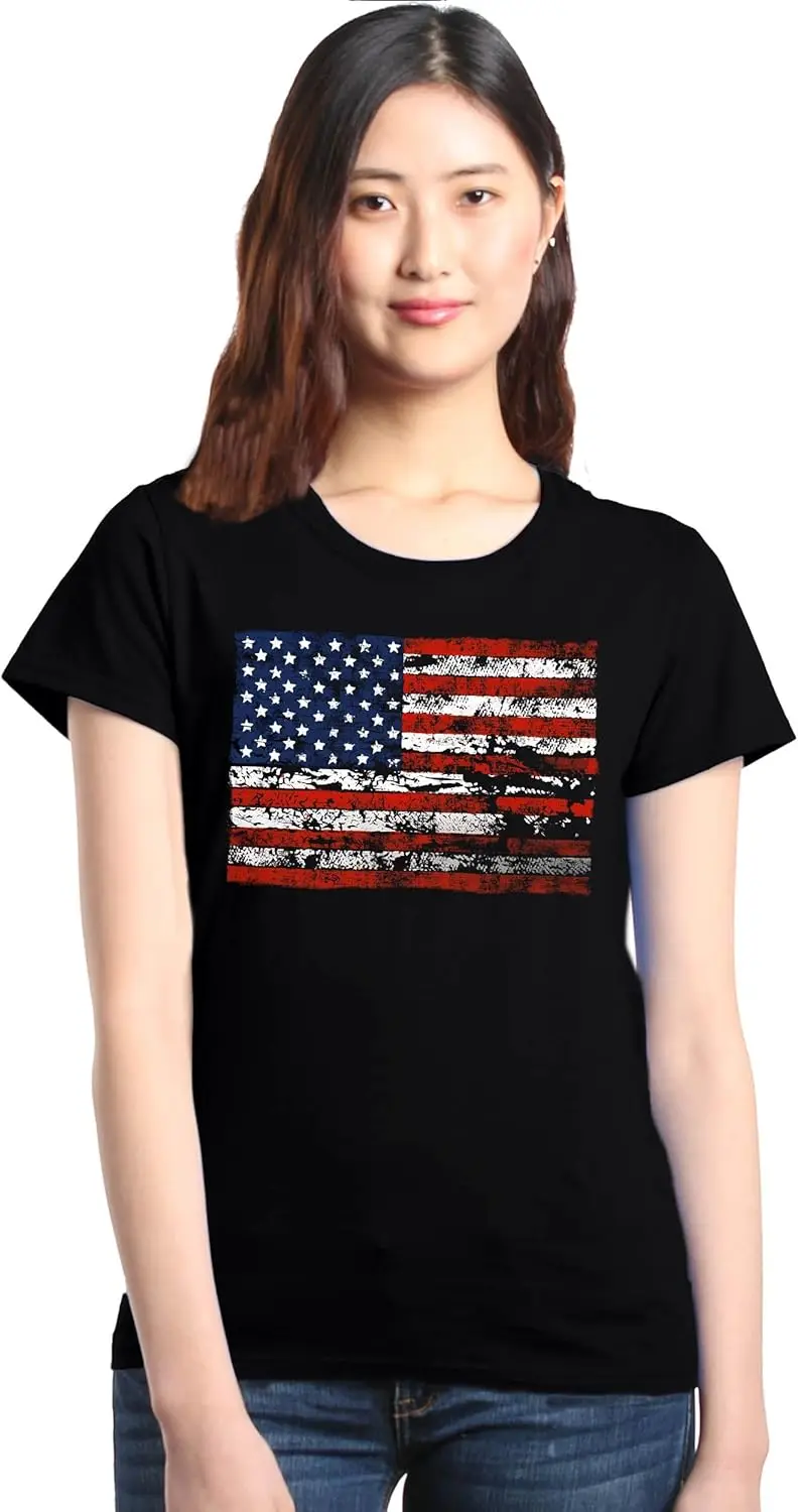 shop4ever Distressed American Flag Horizontal USA Patriotic 4th of July Women's T-Shirt