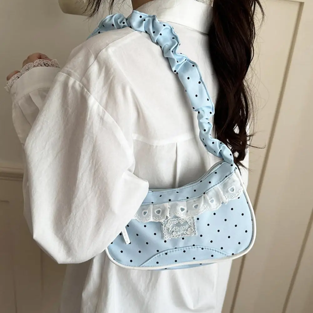Niedliche Spitzen-Schultertasche mit Tupfenmuster, Süße Unterarmtasche mit Schleife, Y2k Mode, Lässige Schultertasche, Umhängetasche – Detail 12