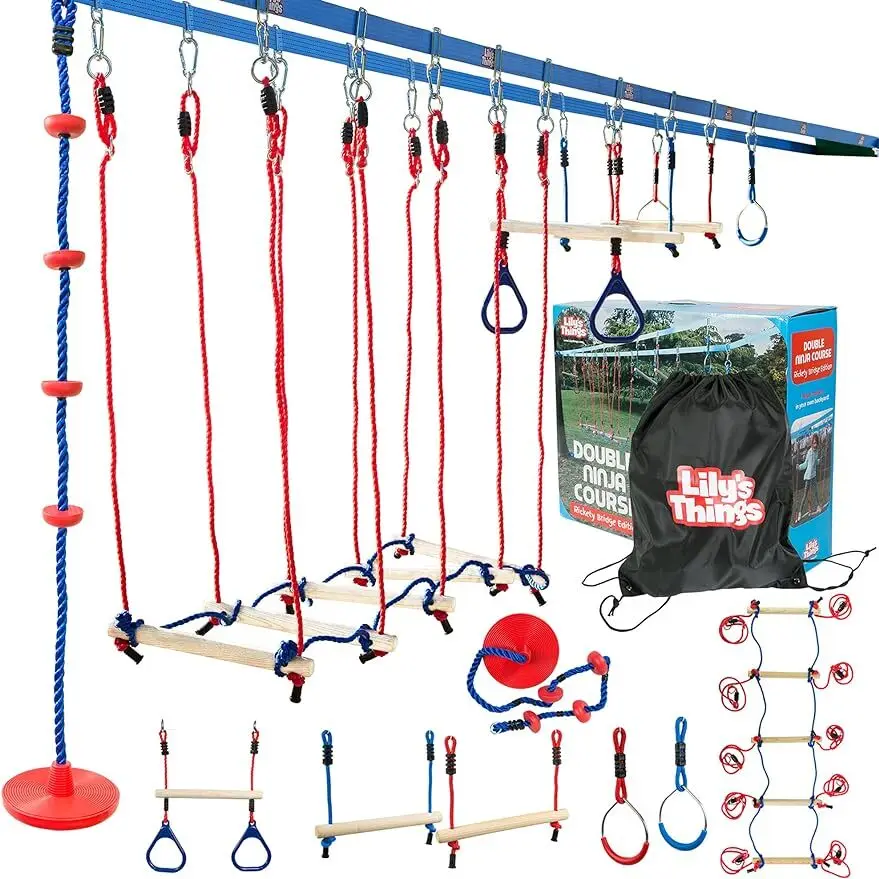 Slackline Obstacle Course 110 Ft Line  Warrior Course with Monkey Bars  Slackline for Kids  Patented Dou