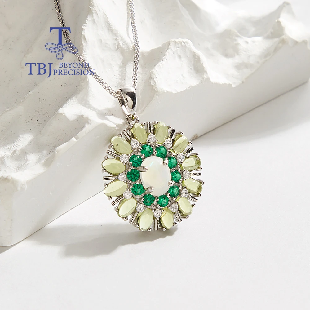 

925 sterling silver women's necklace natural oval Opal Peridot pendant gemstones luxury fine jewelry for anniversary party gifts