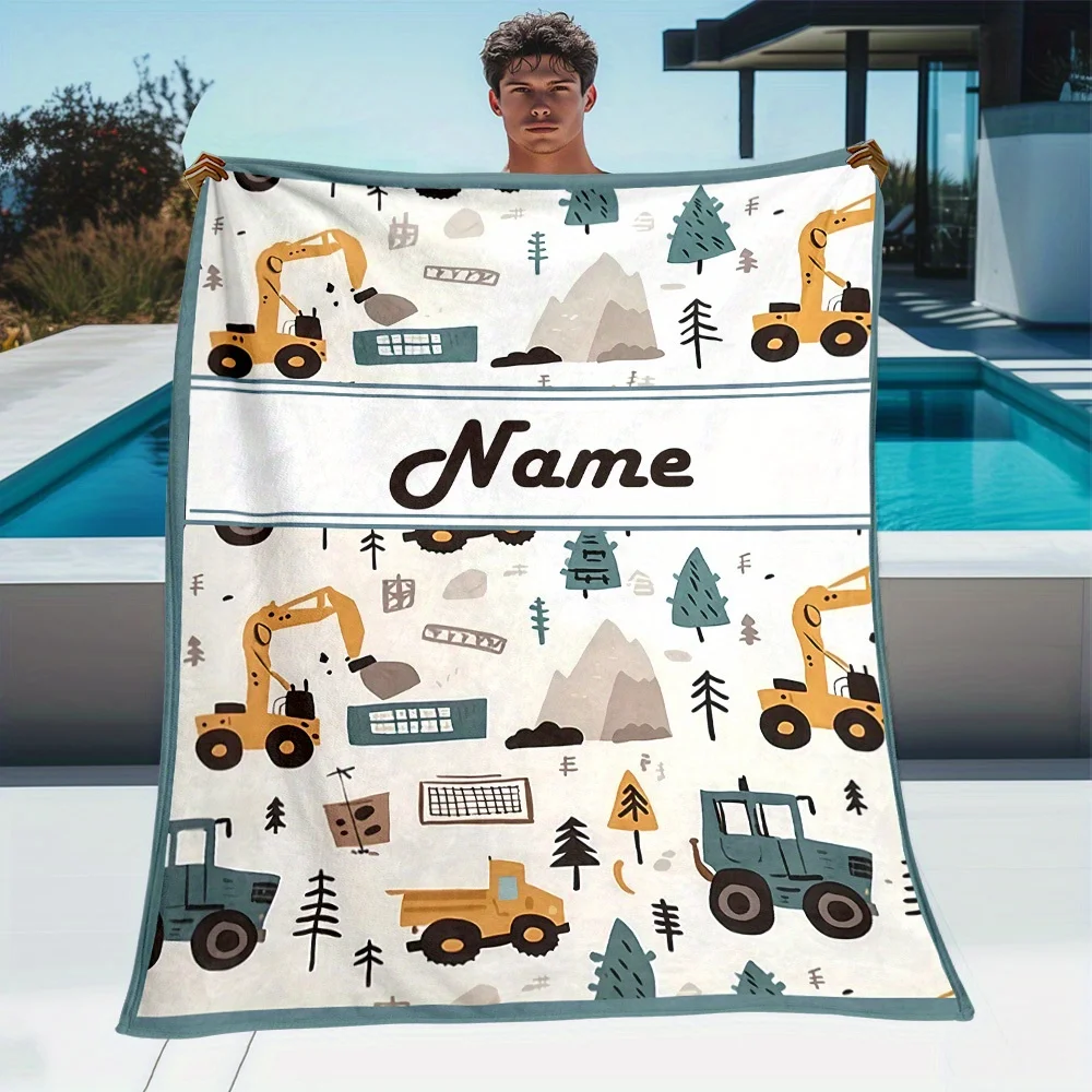 Personalized Construction Vehicle Blanket Cute Truck Design Custom Name Soft Fleece Throw Suitable For Home Camping Gift