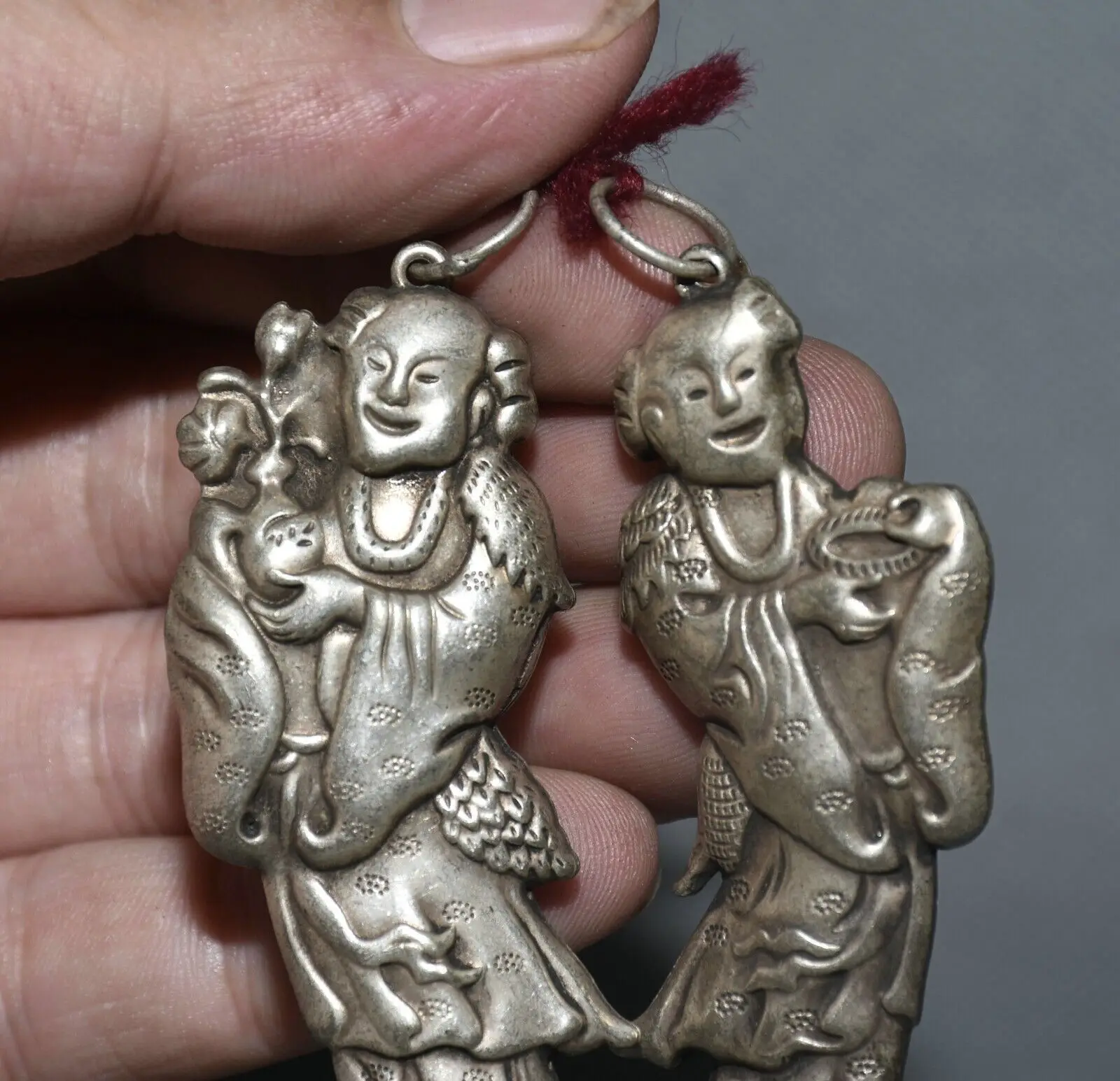 8CM Rare Old China Miao Silver Feng Shui immortal lovers Bell Pendant Pair