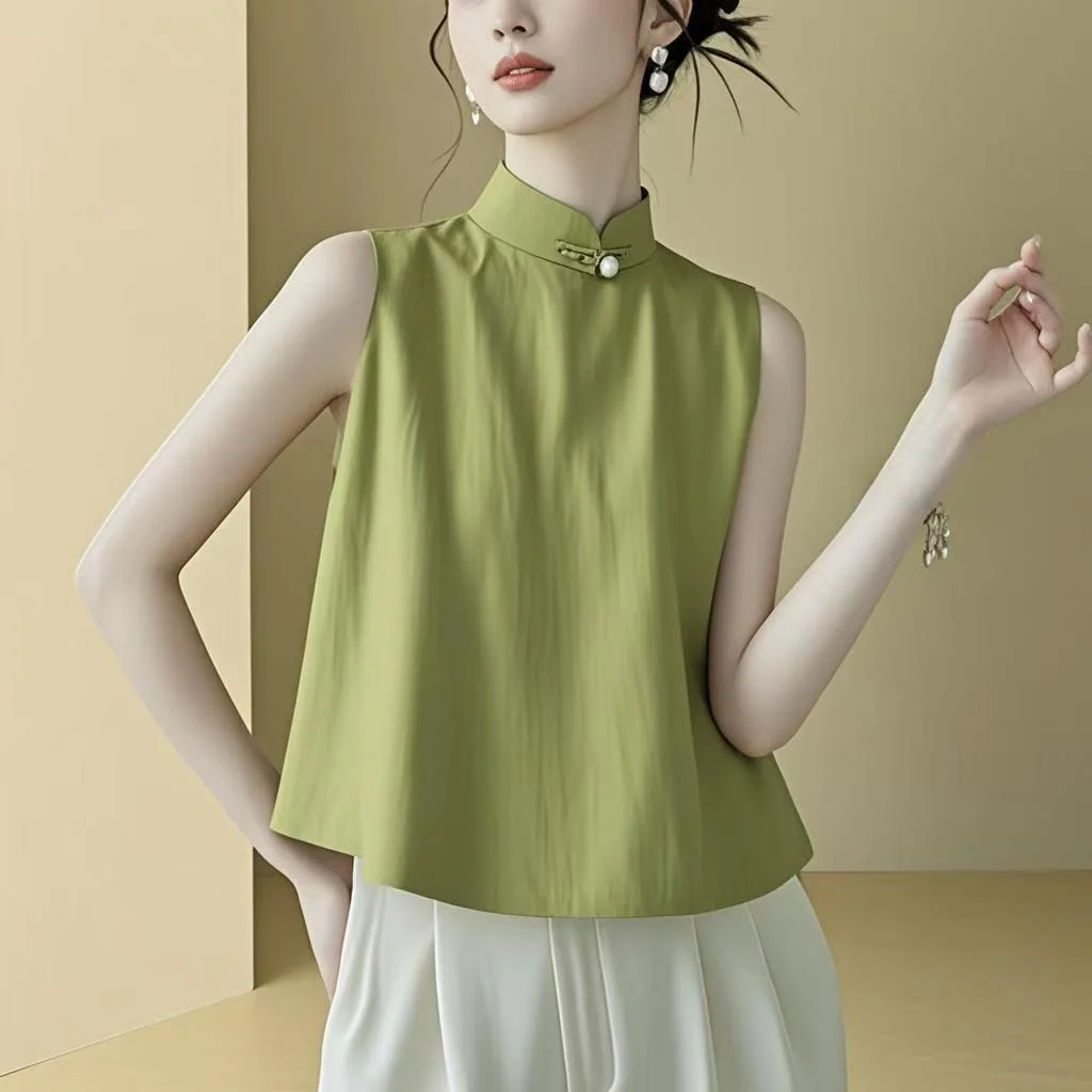 

New Chinese Sle Svel Top Women's irt Loose Outerwear Summer Faion 2026 Trendy Button up Stand Collar Polyester