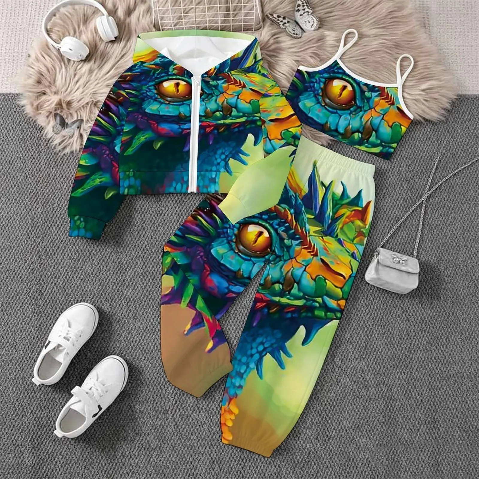 3pcs Children's Tops Fashion Vest Print Trousers Autumn Coats Winter Jogging Pants Girls Daily Wear Retro Three-Piece Set