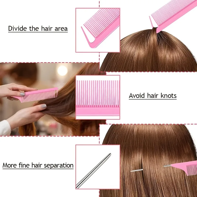 6Pcs Professional Hair Styling Tools Set - Rat Tail Comb, Bristle Brush, Edge Brush, Topsy Tail Hair Tool & Braid Hook Kit view 3