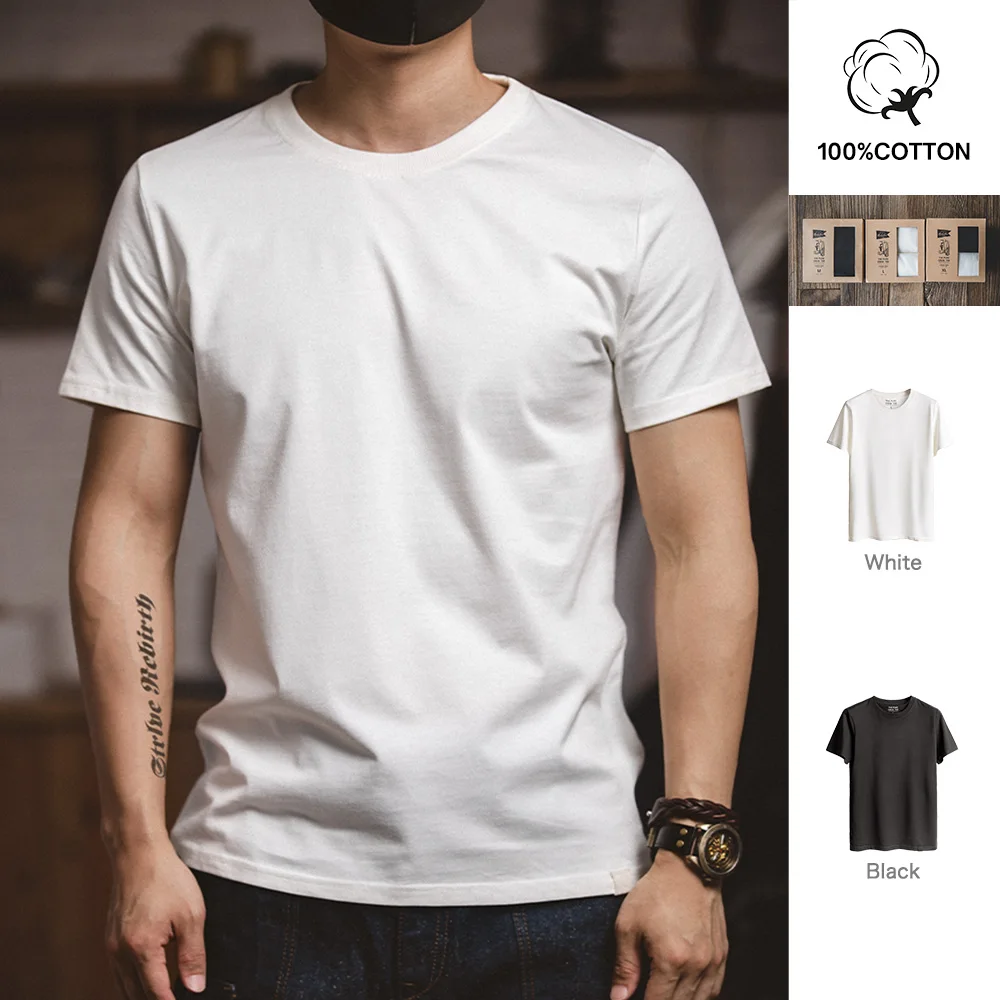 Maden 1Pc/2Pcs Solid Cotton Men's T-shirts Short-sleeved Round Neck Black Beige T-Shirt Classic Heavyweight Oversized Tees Tops