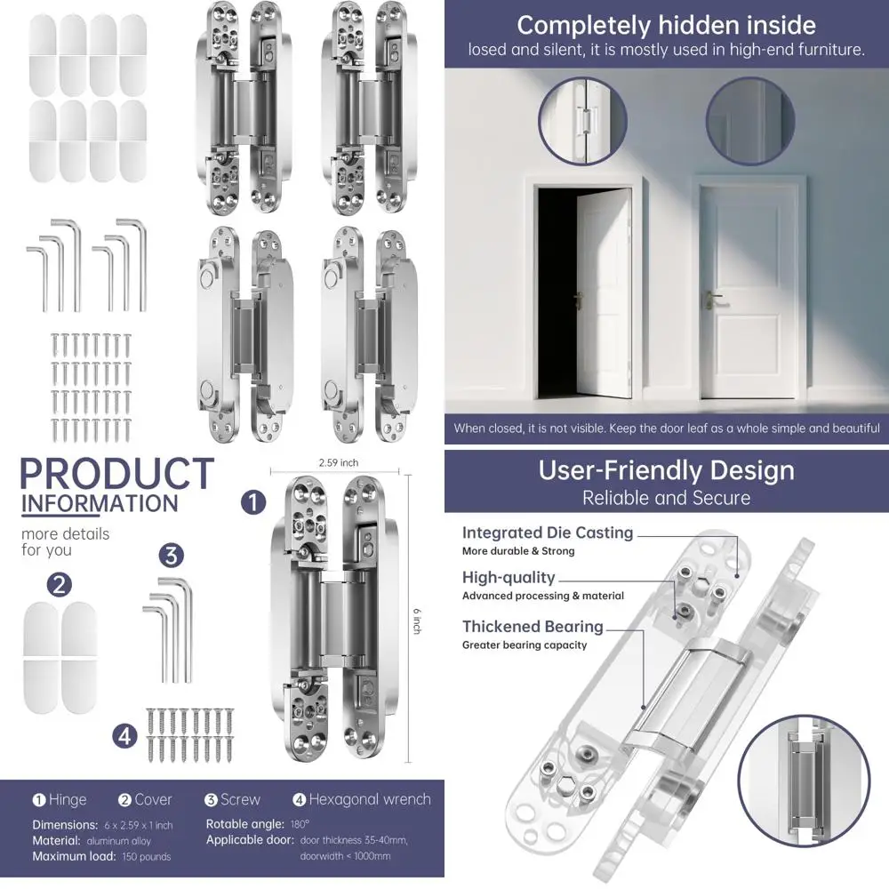 

Невидимые скрытые петли для дверей — 6-дюймовые поворотные петли из цинкового сплава на 180 градусов, 3-сторонняя регулировка, бесшумные рабочие петли, набор из 4 шт.