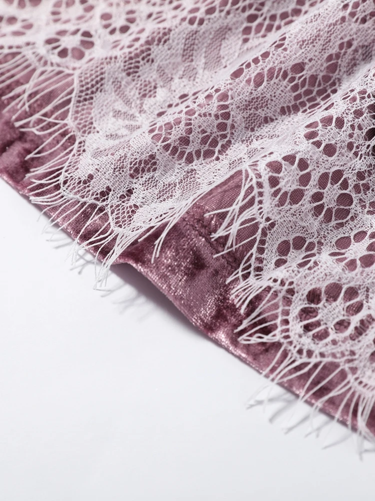 Women's Shorts Velvet Patchwork Lace See Hollow Out Irregular Hem Loose Shorts Charming Female Elastic High Waist Loungewear New