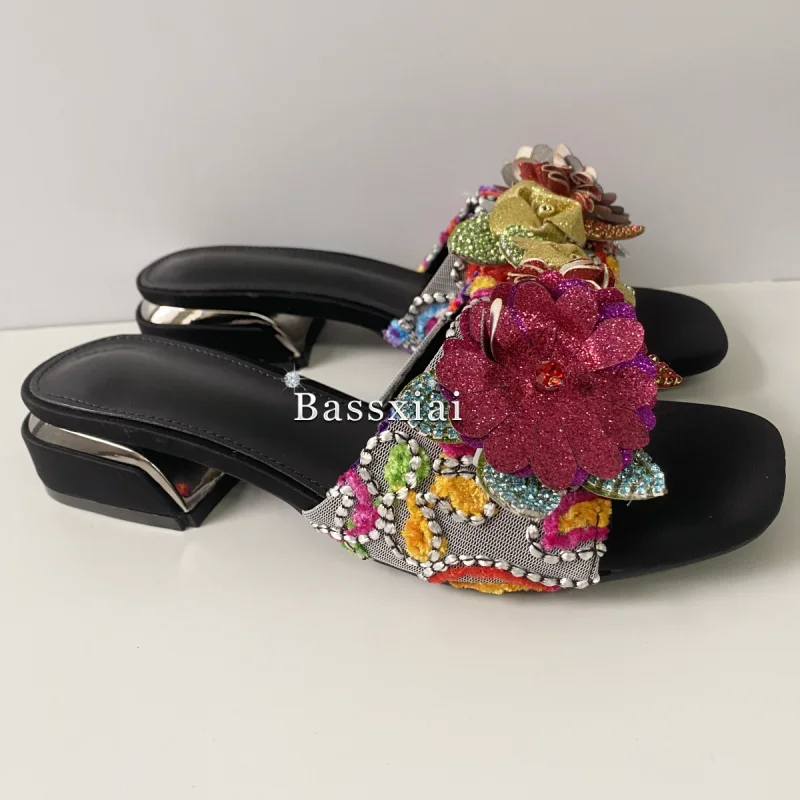 Colorful Crystal Bling Sequins Flower Decor Mules Summer Slingbacks Open Toe Embroidery Mesh Air Slip-On Outwear Women Slippers