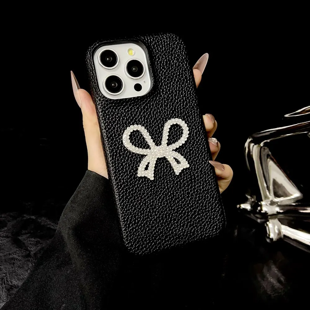 

Luxury Rhinestone Bow Litchi Pattern Leather Shockproof Phone Case For iPhone 16E 16 11 12 13 14 15 Pro Max Soft Cover