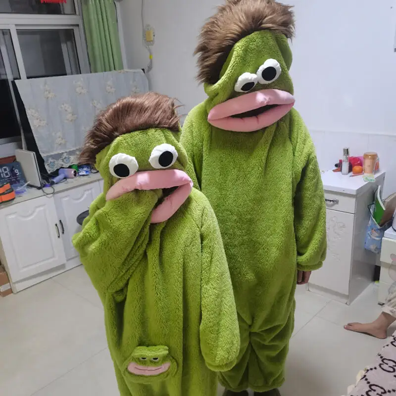 Big Mouth Monster Cartoon Onesie Pajamas Couple Set Wacky Homewear Animal Jumpsuit Fleece-Lined Hooded Leisure Loose Homewear