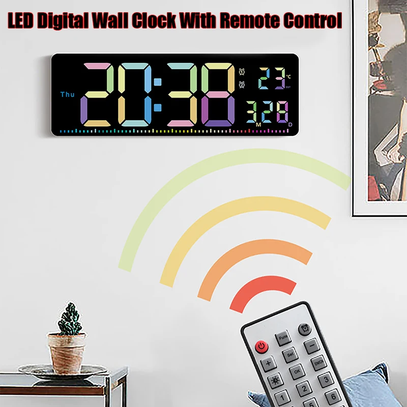 LED Digital Wall Clock With Remote Control 10 Levels of Manual Brightness Adjustment Large Screen Display Living Room Wall Clock