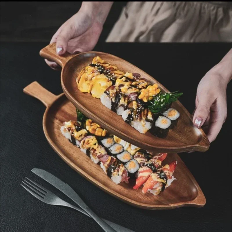 Bandeja de madeira de alta aparência estilo japonês, lanche de chá da tarde, sushi, placa em forma de folha, bandeja de chá de madeira de acácia, acessório de jantar