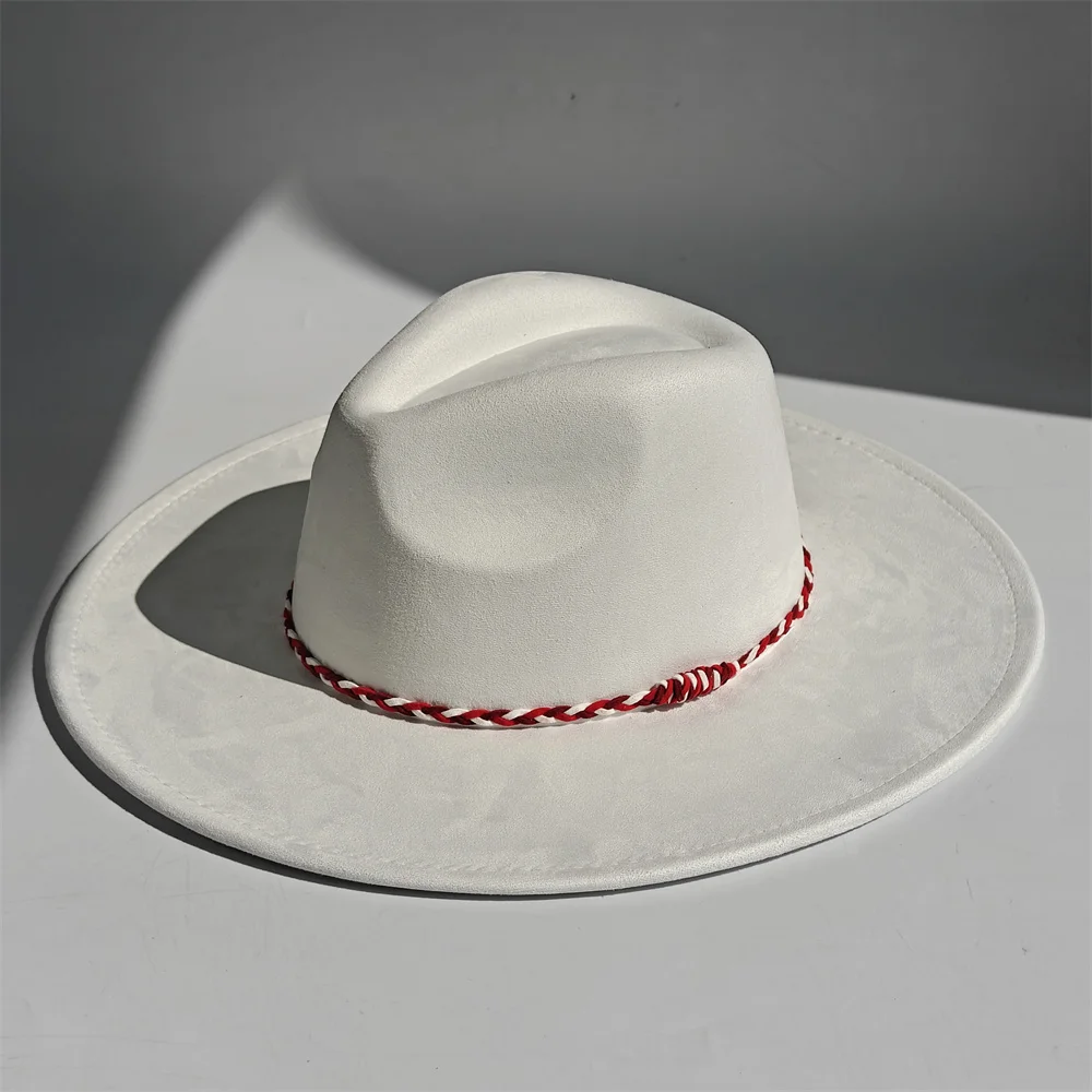 جديد اللون من جلد الغزال عادي فيدورا قبعة للجنسين الكنيسة الجاز قبعة بنما قبعة لباد قبعة الزفاف الملونة مضفر حزام الملحقات