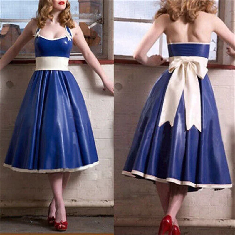 Latex Rubber Dress Navy Blue and White Bow Sexy Cosplay Sling Skirt S-XXL 0.4mm