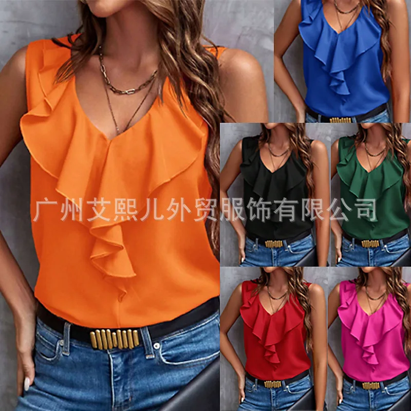 Women\'s Tank Blouses Summer Fresh Sweet Casual V-neck Boho Tops Solid Color Ruffle Patchwork Sleeveless Women Fashion Shirts