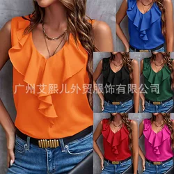 Women's Tank Blouses Summer Fresh Sweet Casual V-neck Boho Tops Solid Color Ruffle Patchwork Sleeveless Women Fashion Shirts