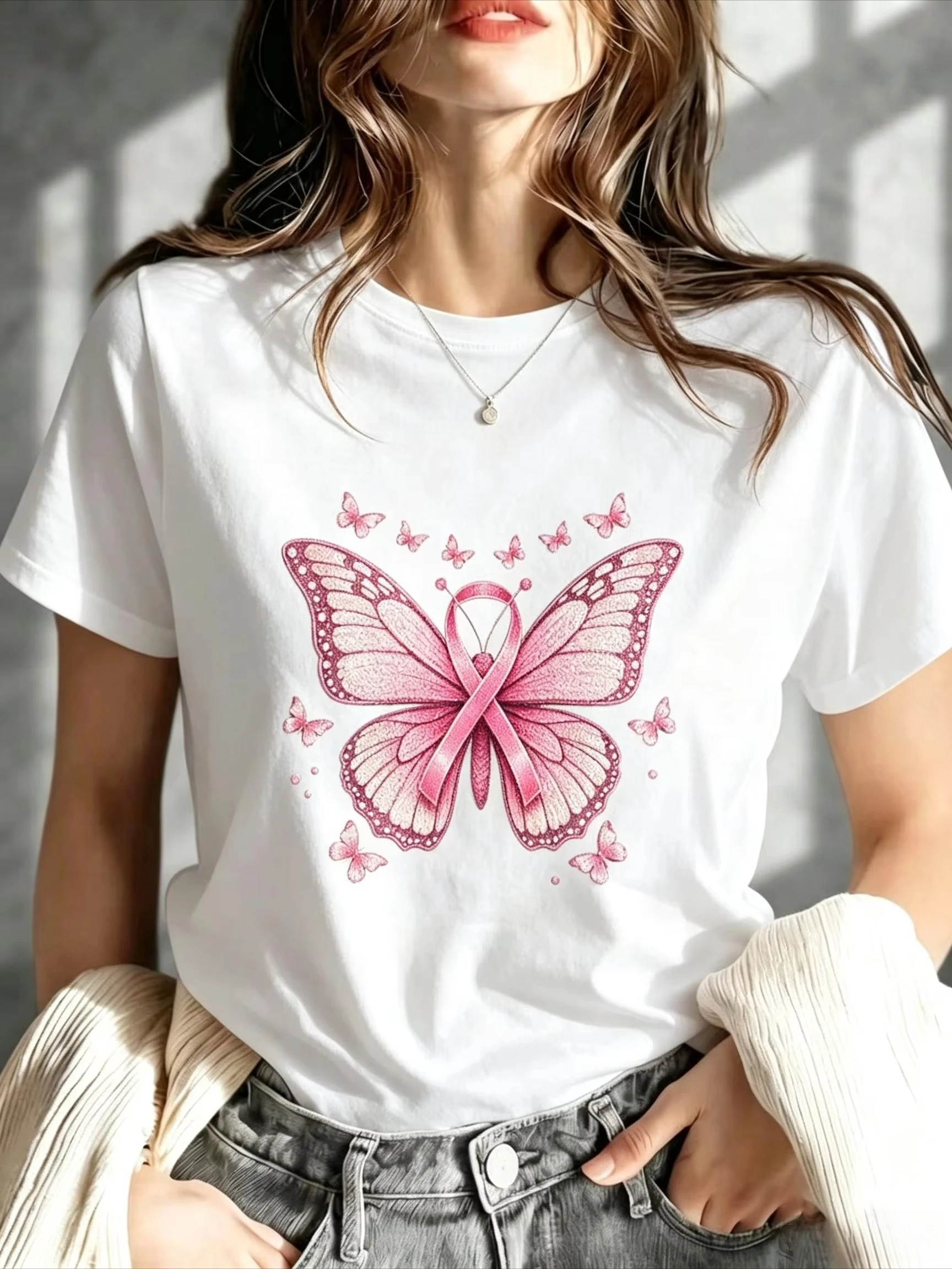 Women Casual Graphic Pink Butterfly Breast Cancer Awareness Ribbon Print Sleeve Spring Outfit Meaningful for Wife Sister Ladies