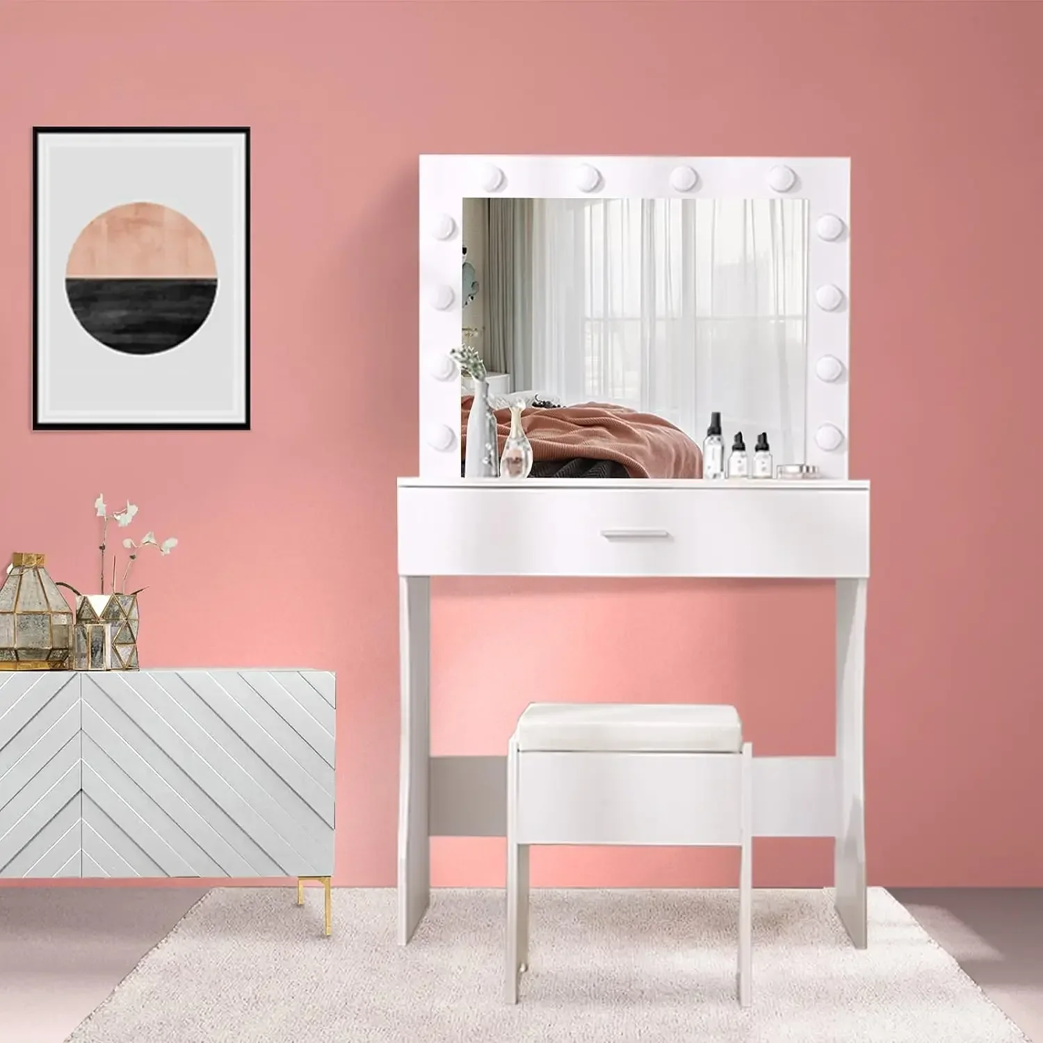 Vanity Table Set with Lighted Mirror - Makeup Vanity with Lights, Adjustable Brightness, Large Drawer Sturdy Wood Vanity