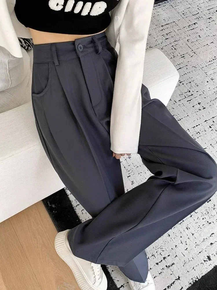 Pantaloni da abito neri Moda donna Primavera allentata Nuovi pantaloni dritti Cintura regalo solida casual Pantaloni a gamba larga a vita alta da donna