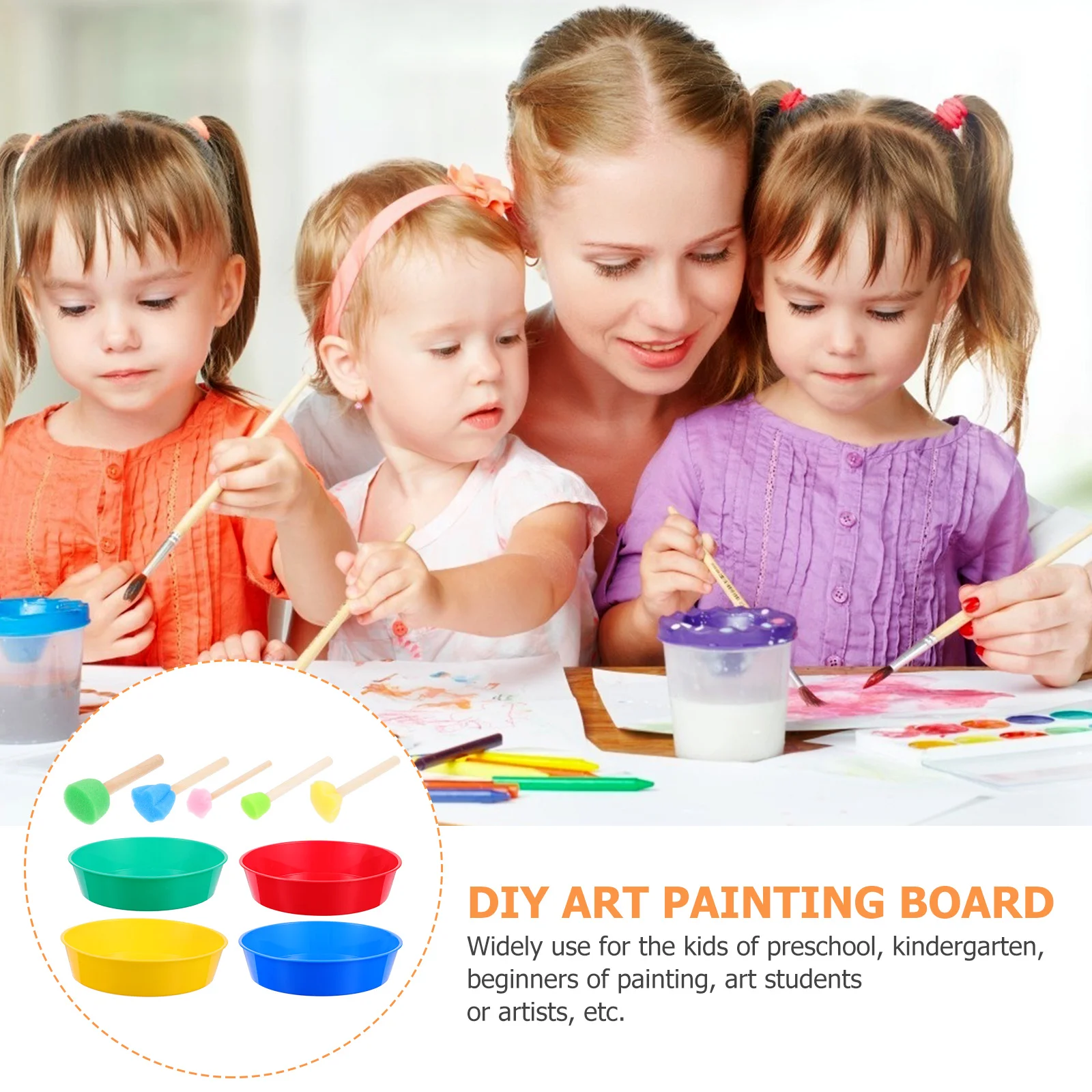 

1 set 1 Set Painting Brush Set Sponge Drawing Tools Kindergarten Art Craft Diy Color Pigment Trays Paint Bowls
