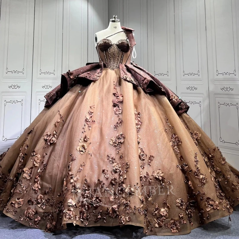 

Chocolate Shiny Ball Gown Quinceanera Dresses Flower Beads Bow Tull Corset Off Shoulder Sweet 16 Dress vestidos 15 de anos