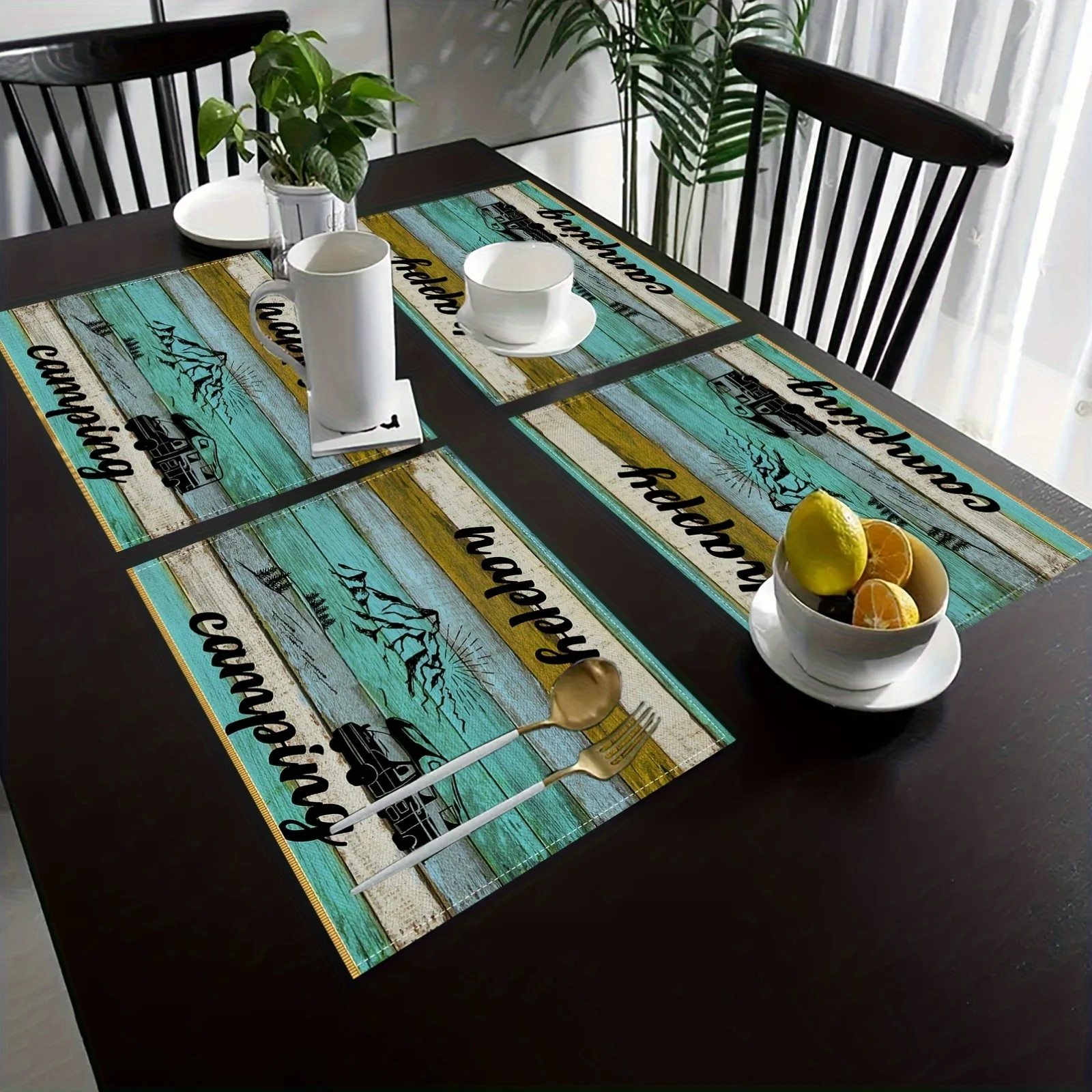 VIKAMA 4/6PC Camping-Themed Placemats Black-Letter Mountain RV Vintage Outdoor Camping Family Gathering