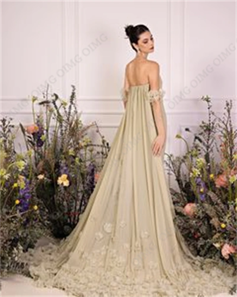 OIMG Light Green Satin Strapless 3D Flower Long Evening Dress Floor Length Sweep Train Fashion Lace Formal Prom Gown New 2023