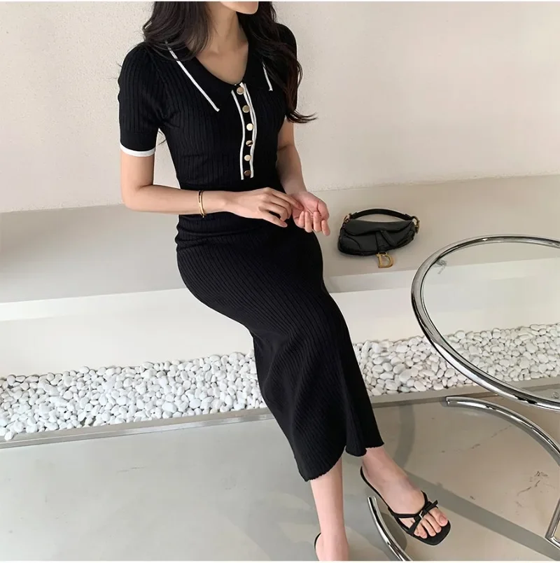 New Slim Knitted Dress Women Summer Korean Fashion Polo Collar Single Breasted Short Sleeve Bodycon Long Dresses Vestidos Robe