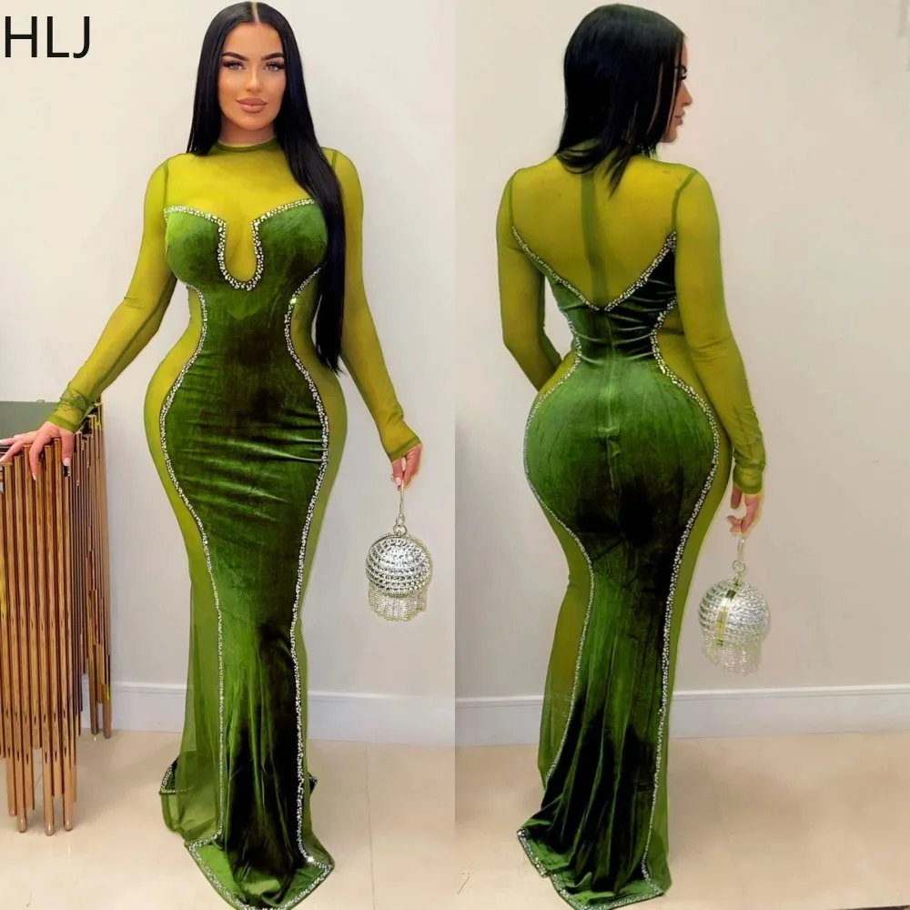 

HLJ Fashion Velvet Mesh Bodycon Evening Party Floor Dresses Women Round Neck Long Sleeve Slim Vestidos Female Rhinestone Clothes