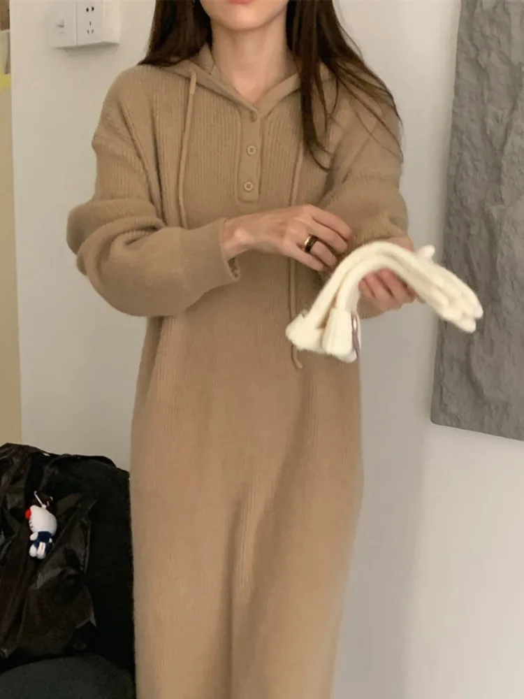 가을 겨울 부드럽고 포근한 후드 니트 여성 루즈 롱 스웨터 한국 스타일 캐주얼 웨어 학교 및 거리용