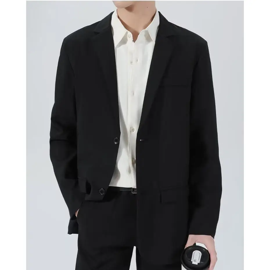 

Casual Black Men's Suit Jacket Spring Fashionable Youth Polyester Fiber Standard Fit Winter Windbreaker Single Button Closure
