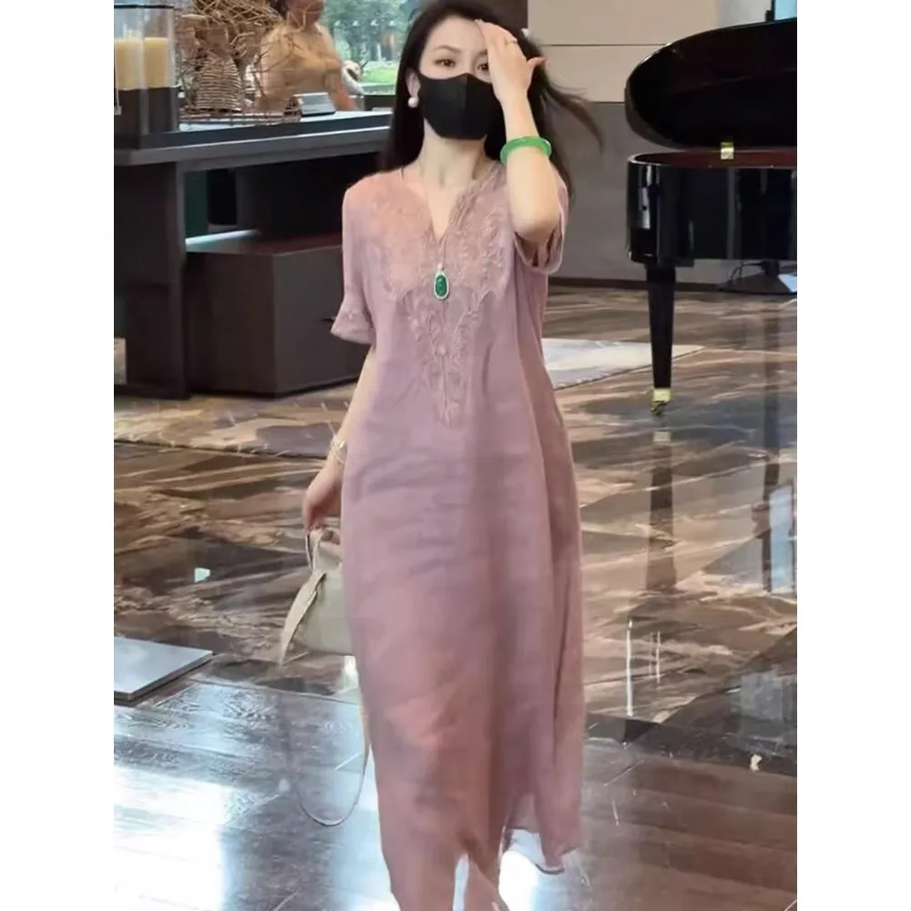 Retro Cotton and Linen Women‘s Long Dresses Loose V-neck Short Sleeve A- Line Dress  Embroidered Long Skirt Chinese Style Robe