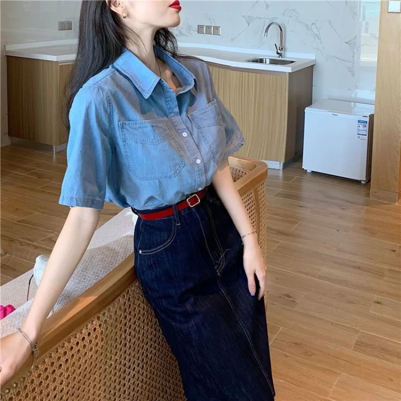 Denim shirt for women2024summer thin new loose Korean style retro casual short sleeve shirt