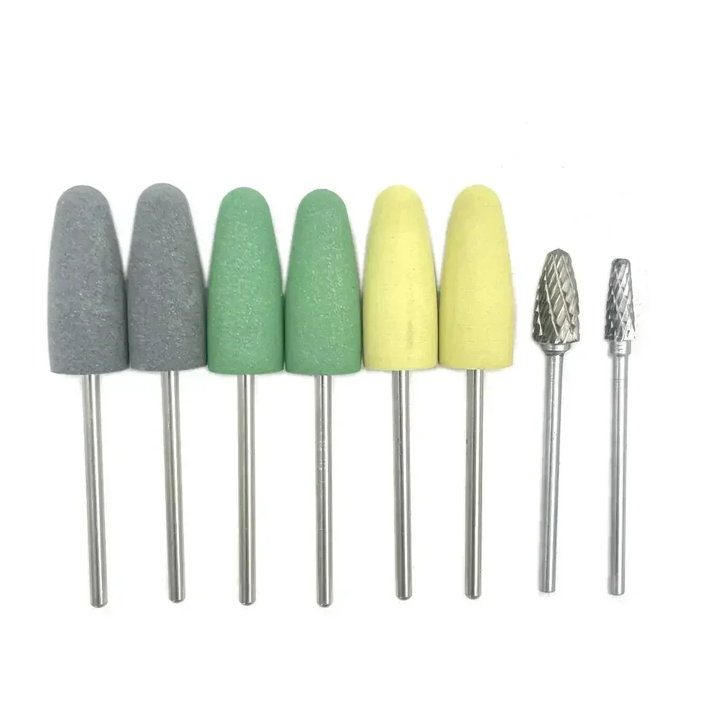 Kit de polimento acrílico com base de resina dentária, polidor de broca, ferramentas rotativas, 6 peças de polimento de borracha de silício + 2 peças de polimento de carboneto de tungstênio