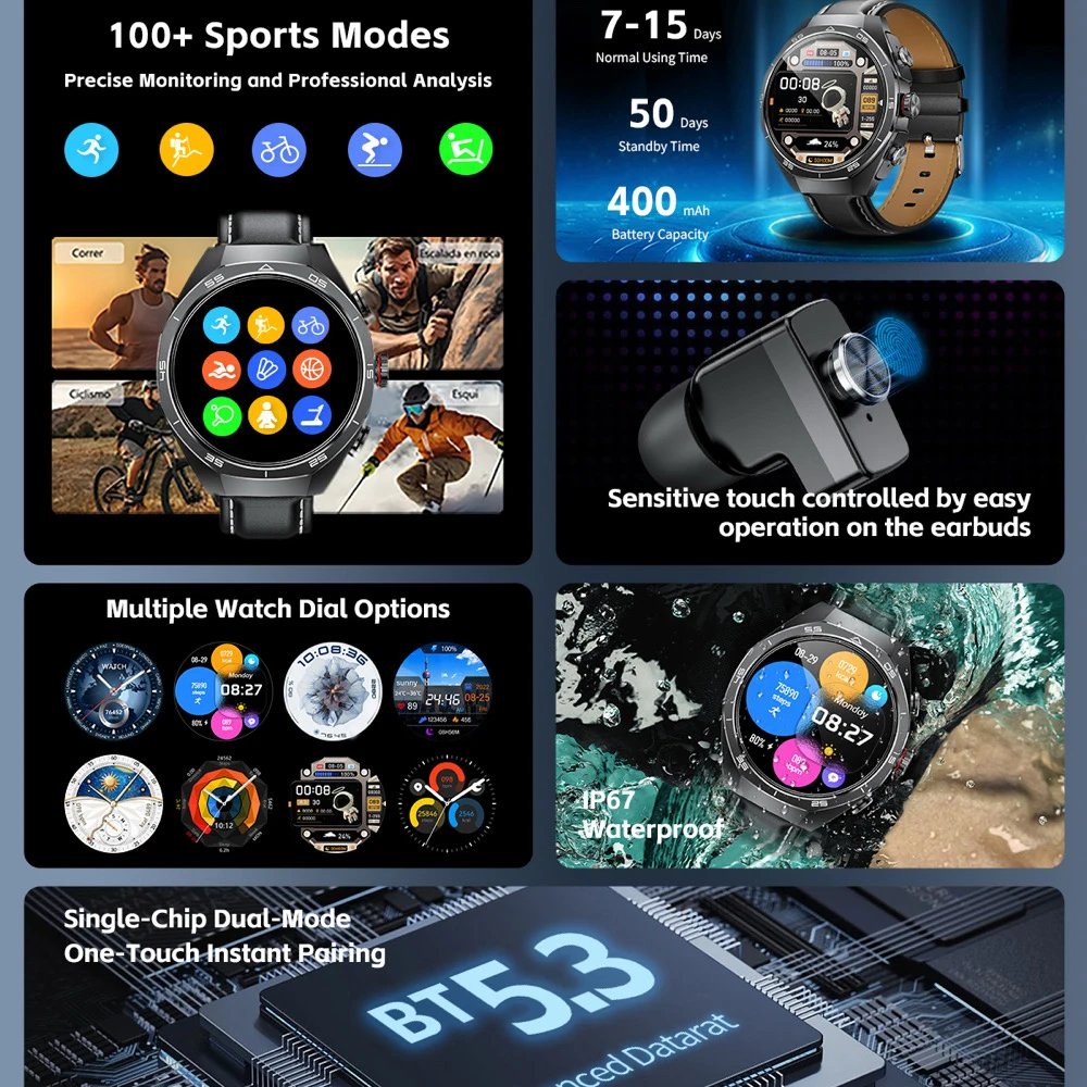 Outdoor Sports Smartwatch Information Reminder Men Women TWS Wireless Headset Smart Watch Waterproof 2 In 1 Headphone Watches