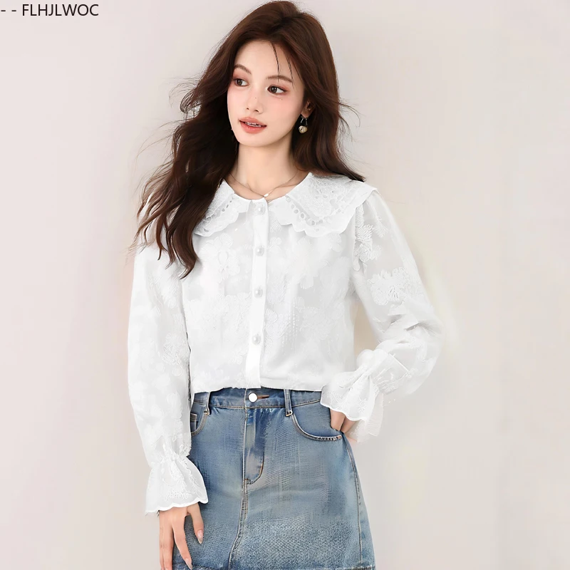 Podstawowe Koszule Bluzki Gorąca Wyprzedaż Jesień 2025 Damskie Eleganckie Koreański Styl Preppy Rozkloszowane Rękawy Kołnierzyk Peter Pan Biała Koszula na Guziki z Koronką