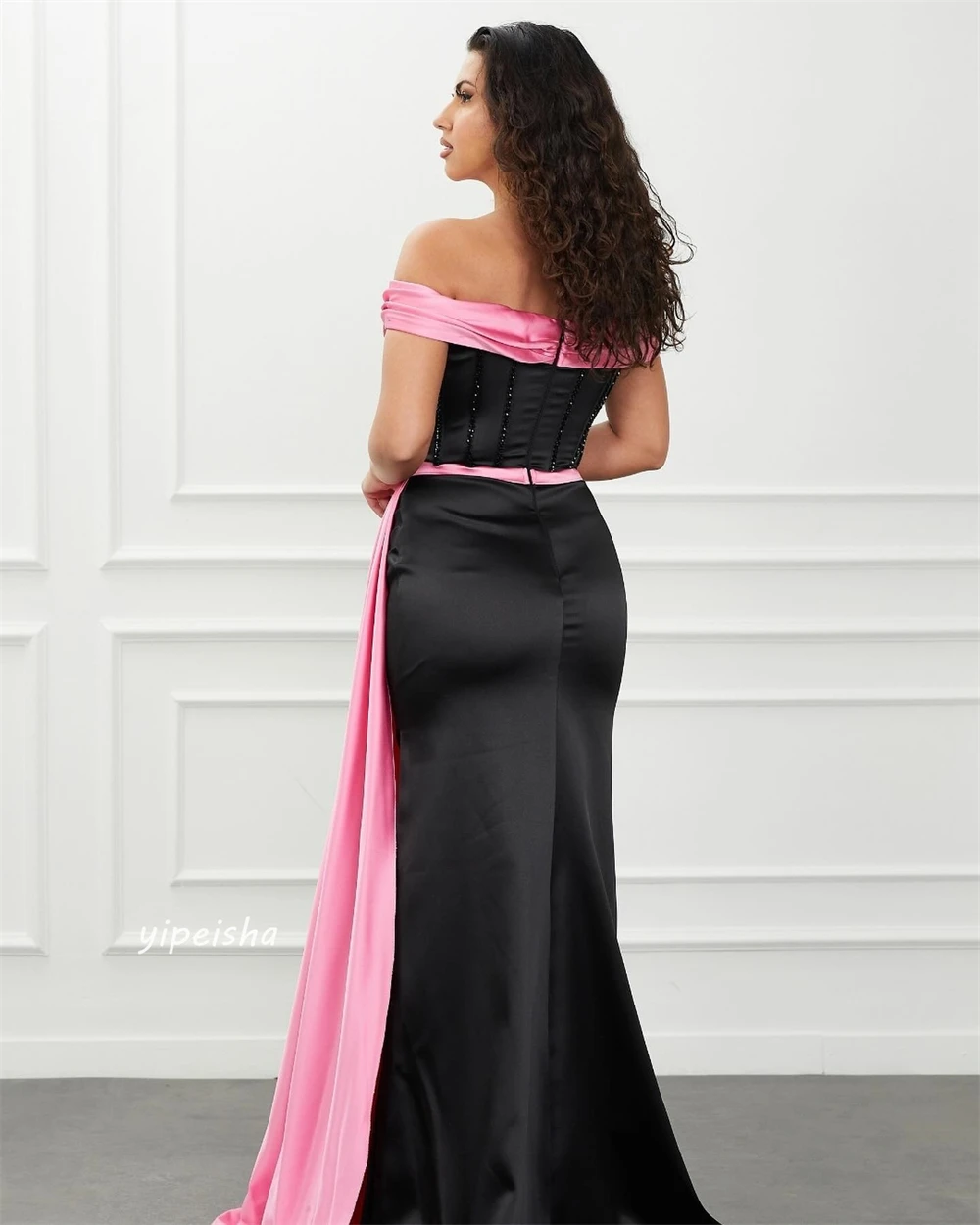 Robe de Bal Longue en Satin Froncée avec Perles Appliquées, Tenue de Soirée A-ligne à Épaules Dénudées, sur Mesure, Arabie Saoudite