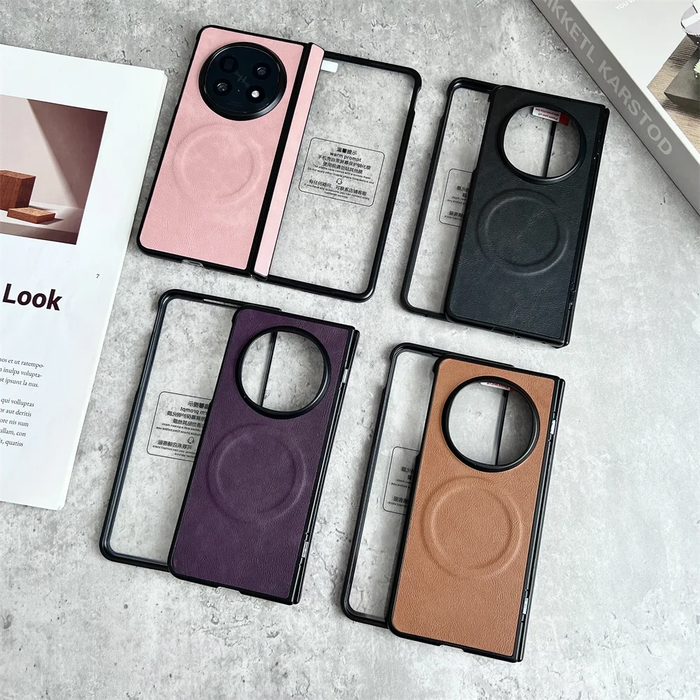 Busine Sle Bla Leather Pattern MagSafe Phone Case for OPPO Find N5 Screen Protector Film Hinge Magnetic Wireless Charging Cover