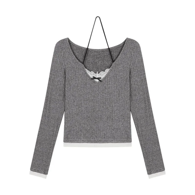 Skinny T-shirts for Women Long Sleeve Gray Lace Design Bow Sweet Girls Spring Tops All-match Korean Style Young Fashion Fit Ins