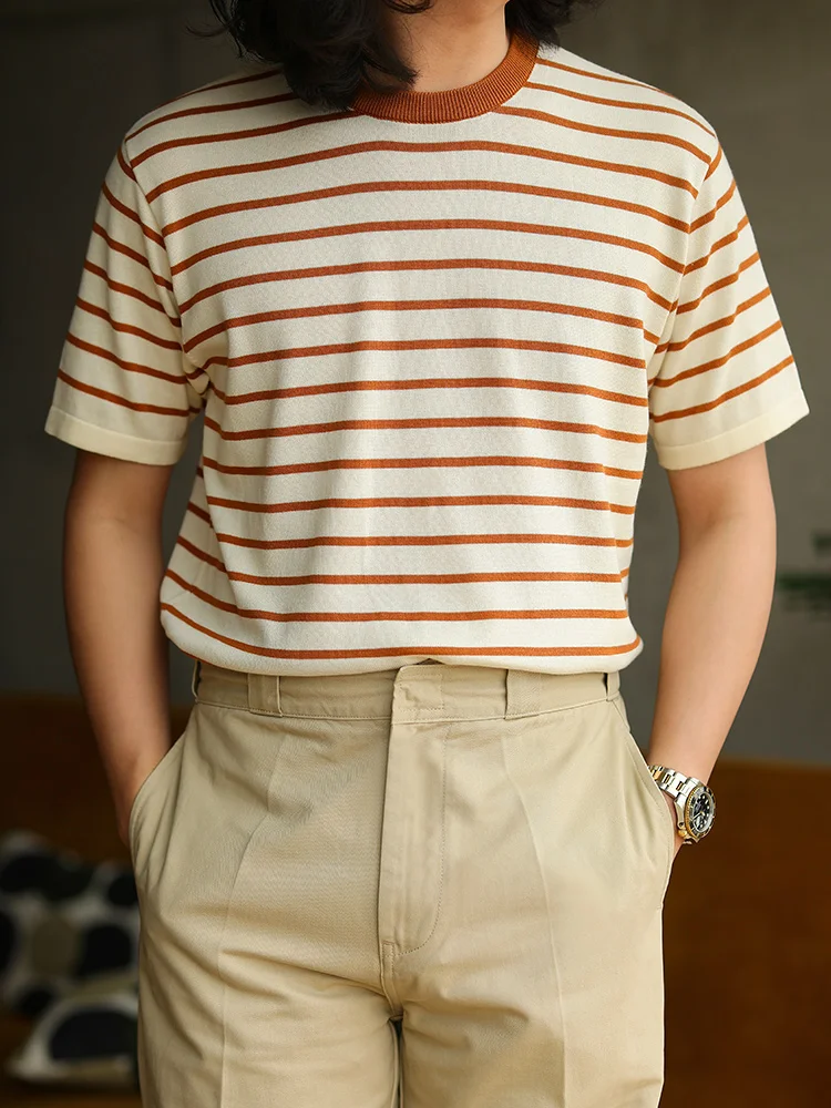 

Футболка MBBCAR с узкими полосками, круглым вырезом, вязаная, в американском ретро-стиле, из чистого хлопка, дышащая, летняя, с коротким рукавом, повседневная, молодежная.