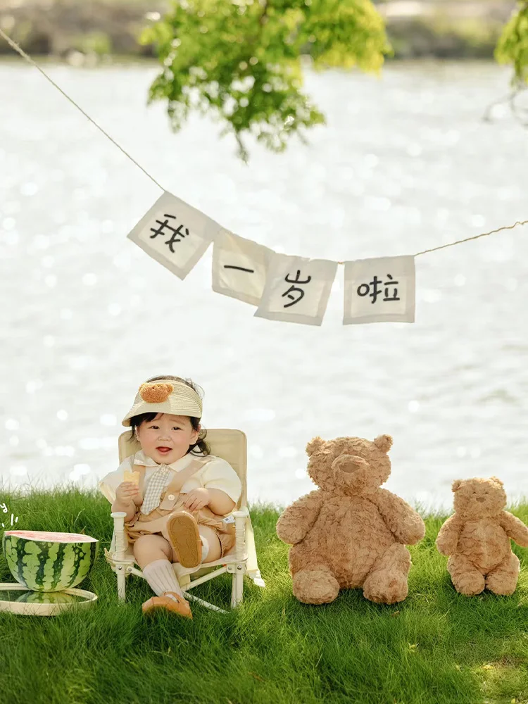 

Children Photography Outfit Short Sleeves Tie Overalls Hat Baby Costume Bear Doll Studio 1 Years Old Baby Outdoor Shooting Props